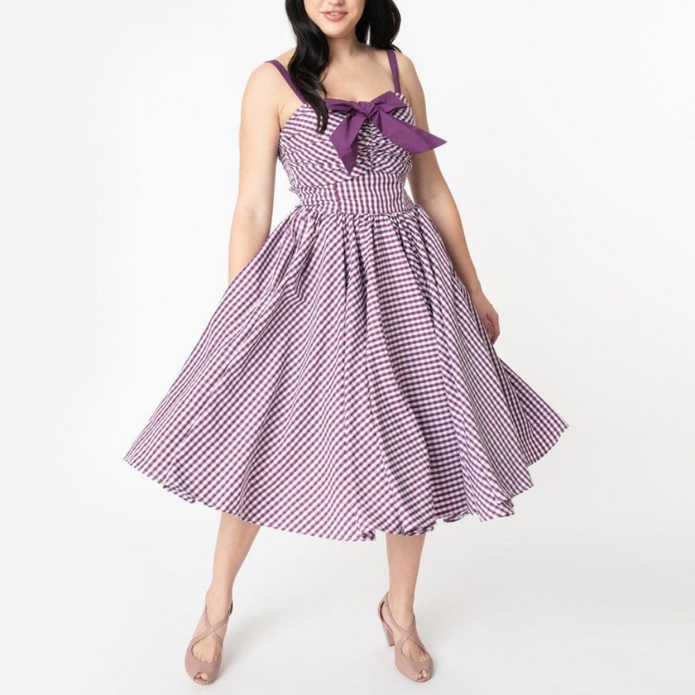 Unique Vintage Purple Gingham Bow Swing Dress
